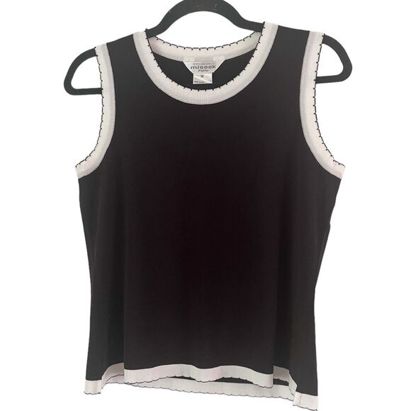 Misook Black Knit White Trim Preppy Academia Dressy Tank Top Sz Medium Petite - Picture 1 of 5